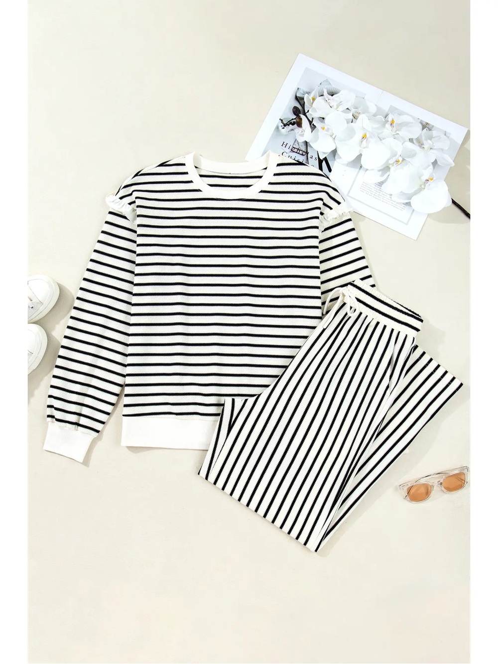 Striped Knit Sweater and Pants Set - Black & White